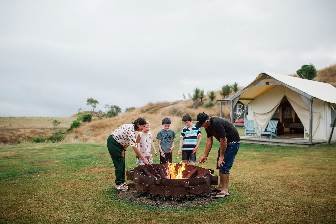 Family out glamping at Ridge Top Farm Feilding